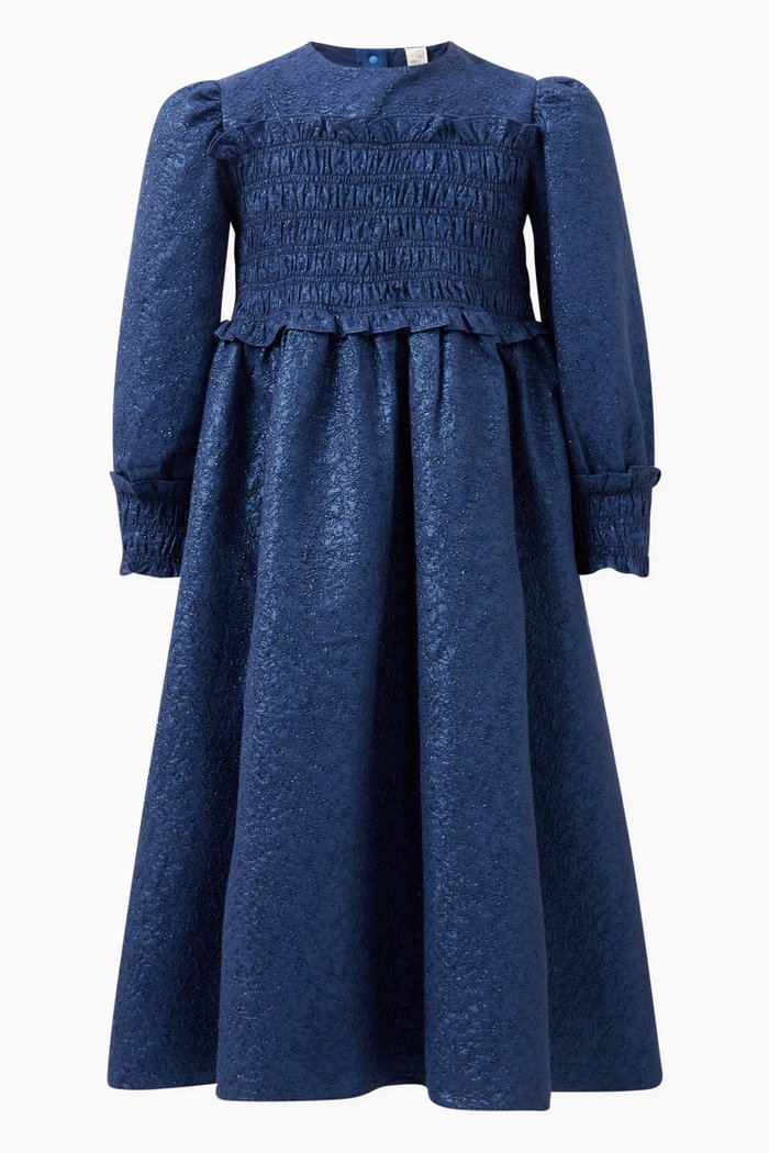 Terra Ceremonial Smocked Dress in Cotton-blend, Blue