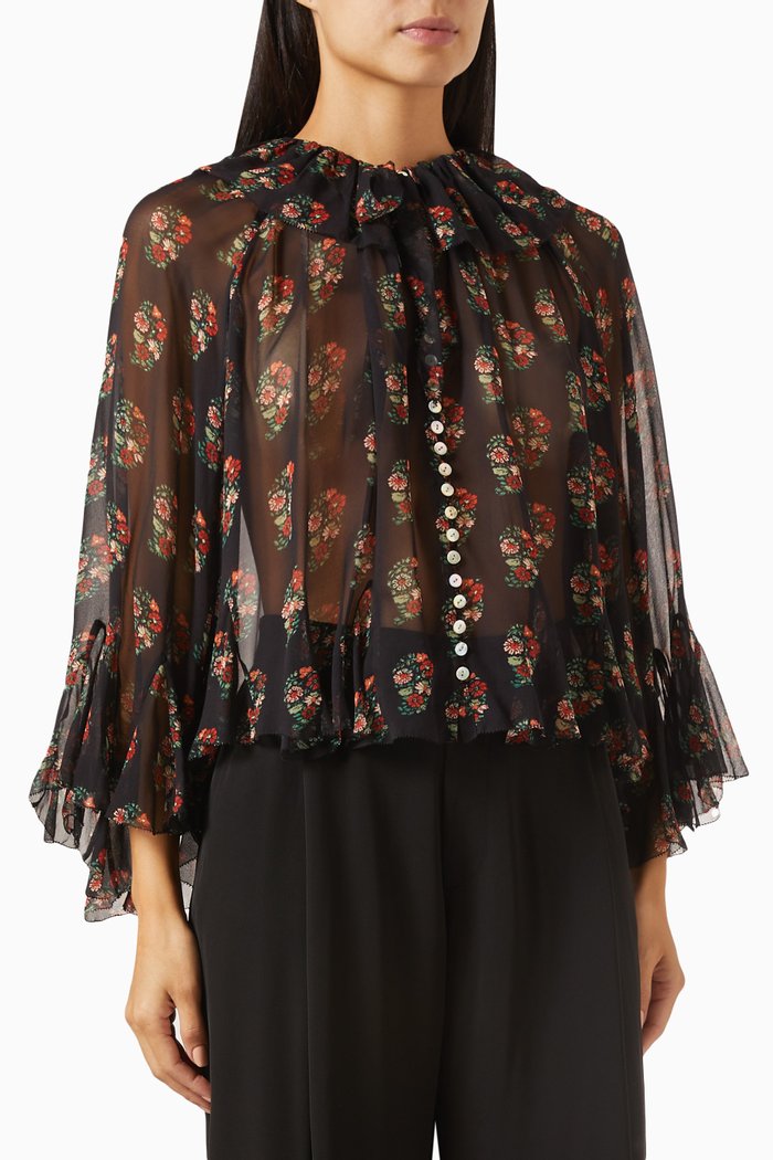 

Kahira Floral-print Top in Silk Georgette, Black