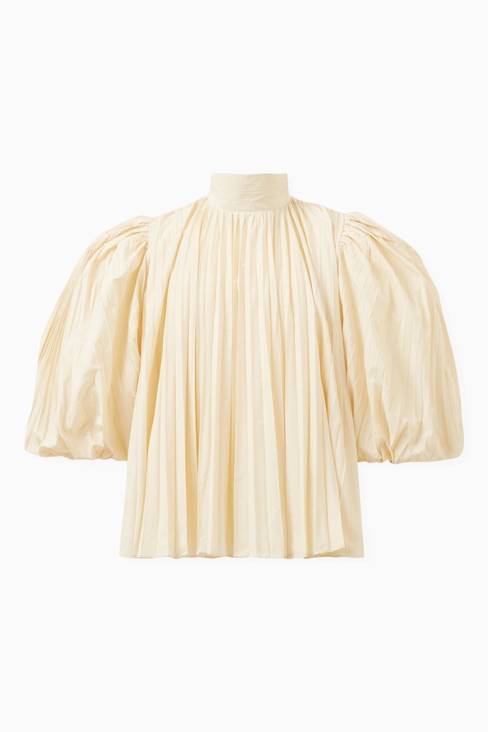 Genoveva Pleated High-neck Blouse in Taffeta, Neutral