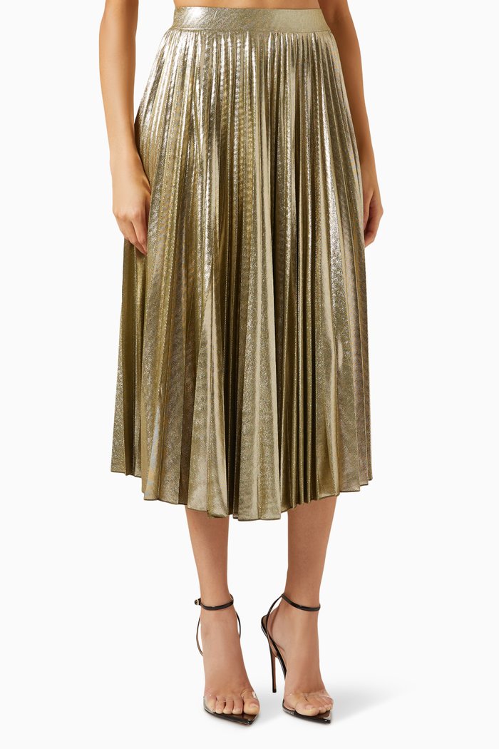 Cosmo Pleated Midi Skirt in Stretch-lamé, Gold