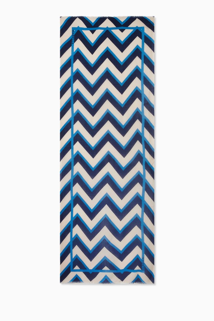 

Chenzia Striped Logo Scarf in Wool, Blue
