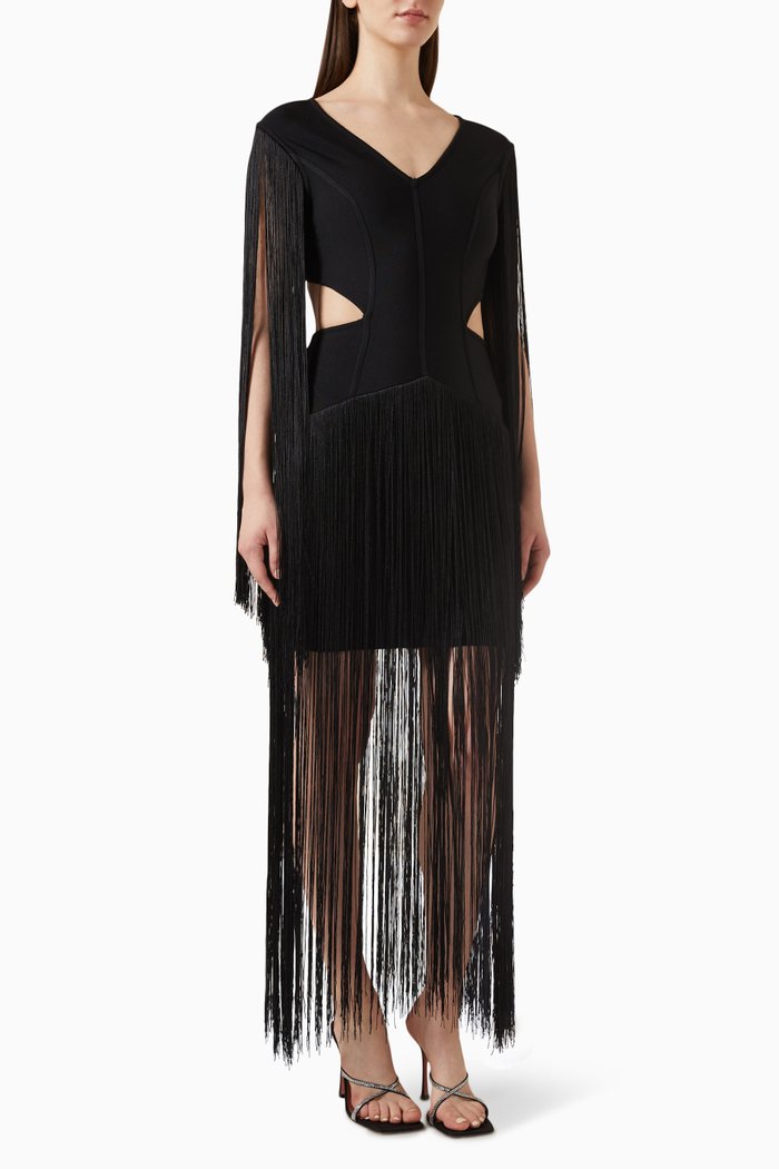 Levity Fringe Midi Dress in Jersey, Black