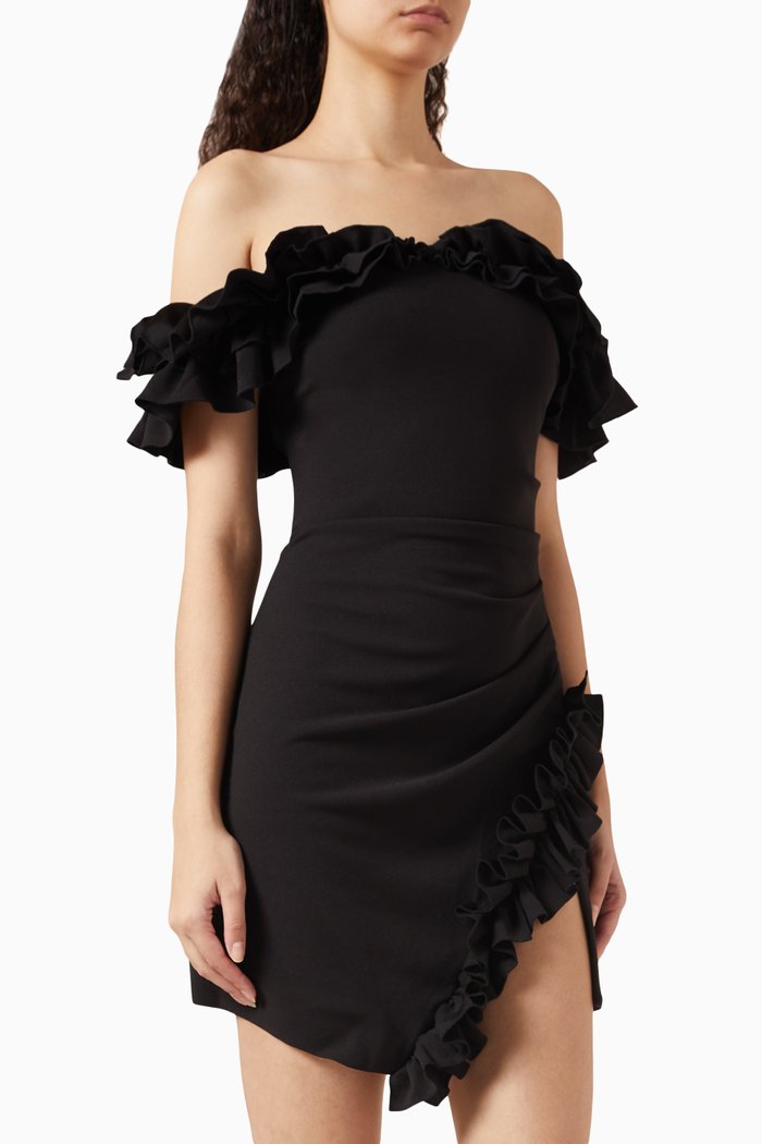 

Carousal Off-shoulder Mini Dress in Crepe, Black