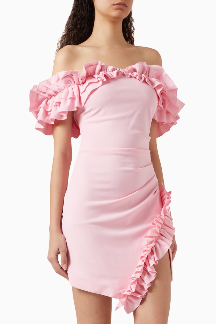 

Carousal Off-shoulder Mini Dress in Crepe, Pink