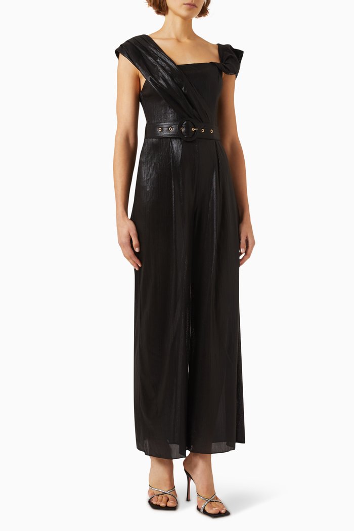 

Marlene One-shoulder Jumpsuit in Metallic-stretch, Black