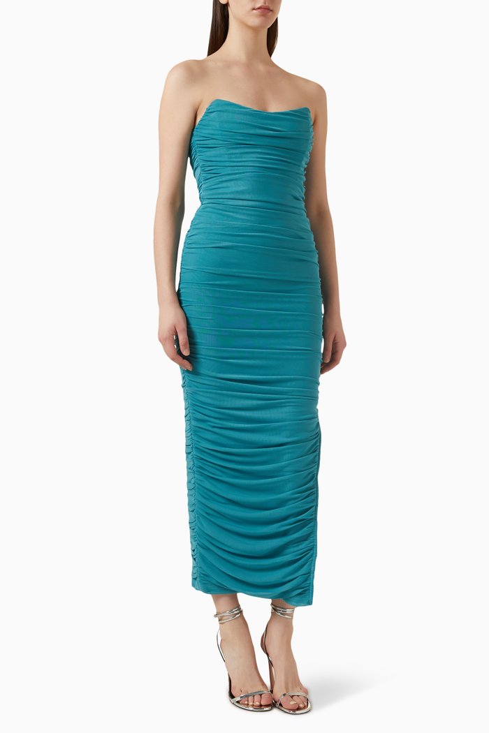 

Jessie Ruched Maxi Dress in Mesh, Blue