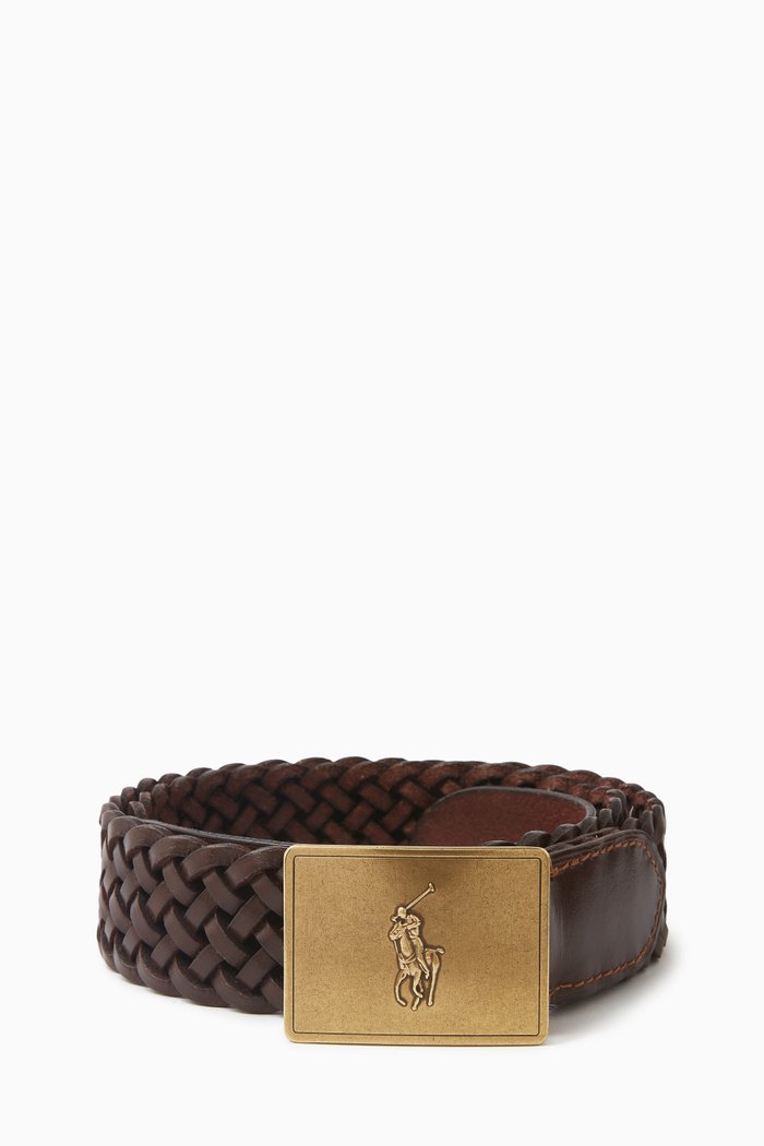 Logo Plaque Belt in Leather, Brown