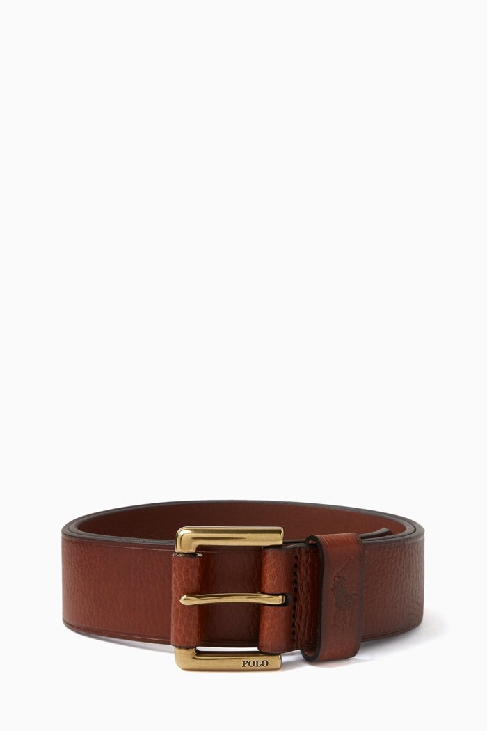 

Logo Buckled Belt in Grained Leather, Brown