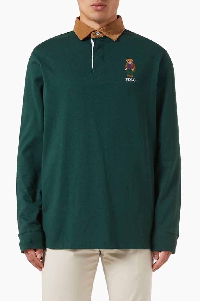 

Bear-embroidered Polo Shirt in Cotton, Green