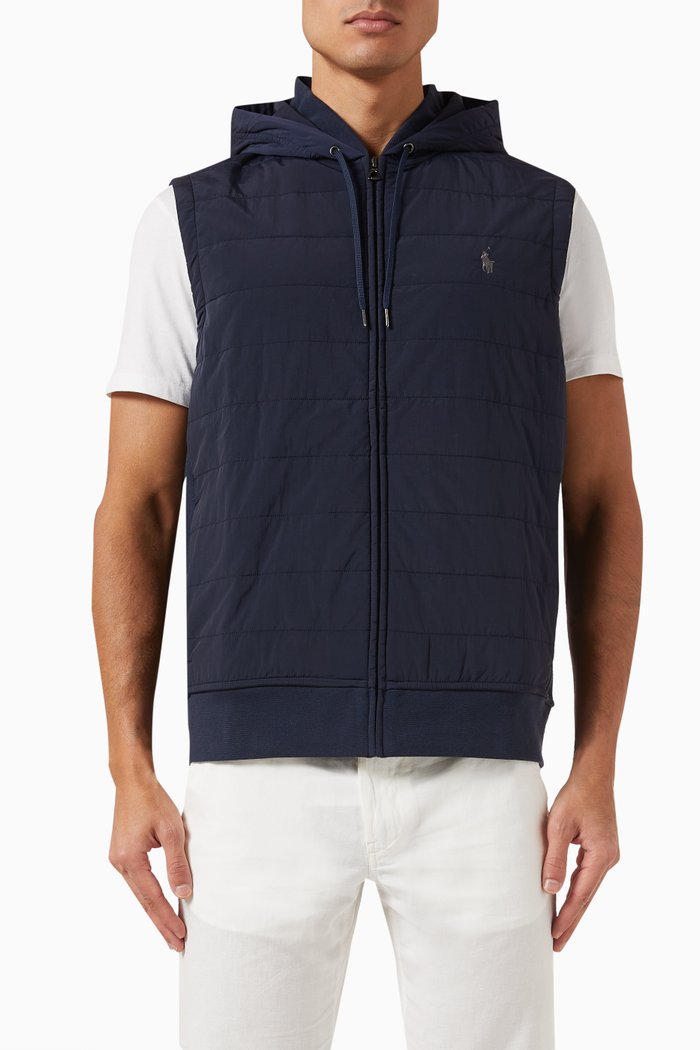 

Hybrid Logo Vest in Quilted Nylon & Cotton Blend, Blue