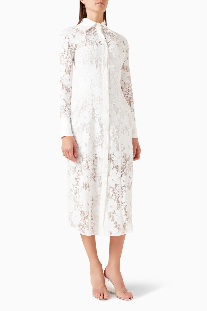 

Floral Applique Shirt Dress in Lace, White