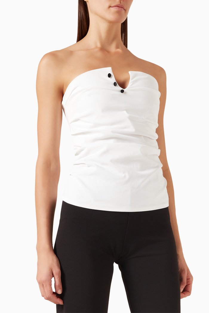 Strapless Ruched Button Top in Cotton, White