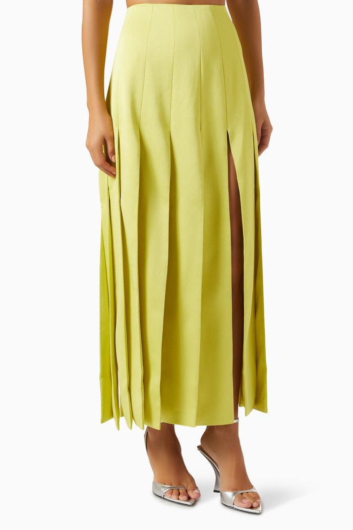 

Kenzie Spliced Midi Skirt in Satin, Green