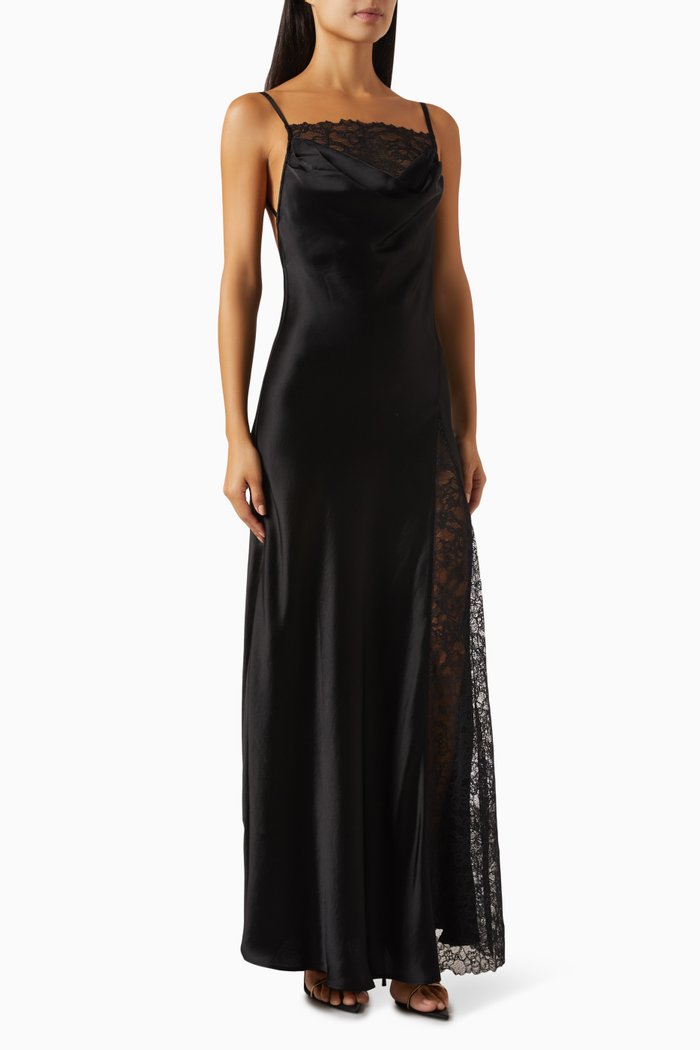 

Elena Lace Maxi Dress in Satin, Black