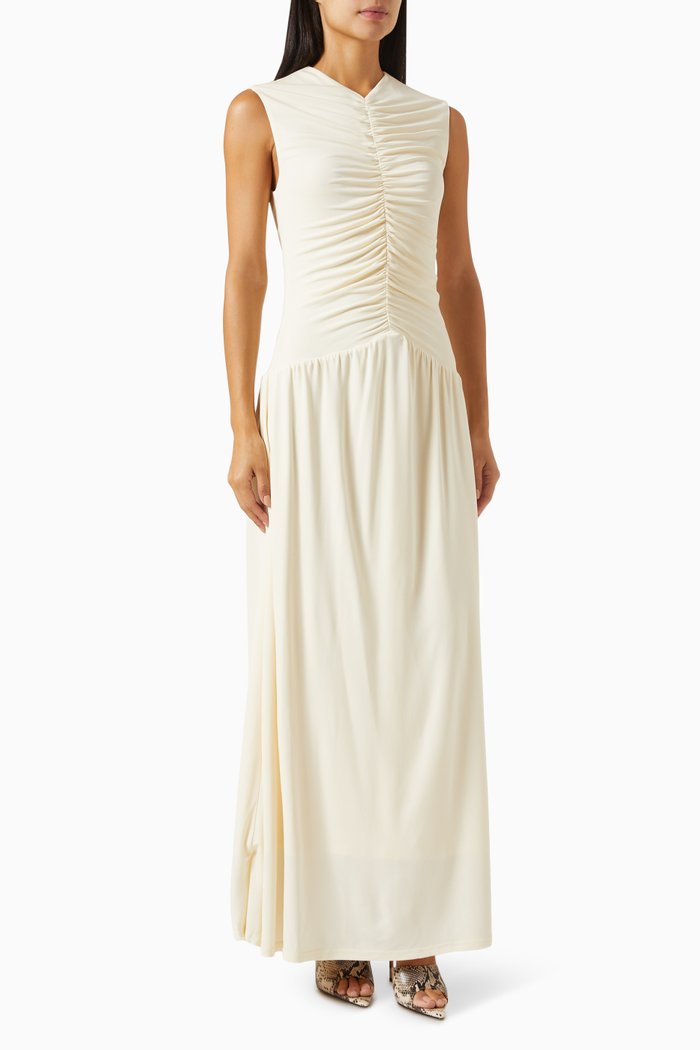 Fleur Gathered Maxi Dress in Viscose, Neutral