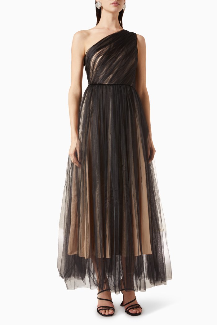 Draped One-shoulder Maxi Dress in Tulle, Black