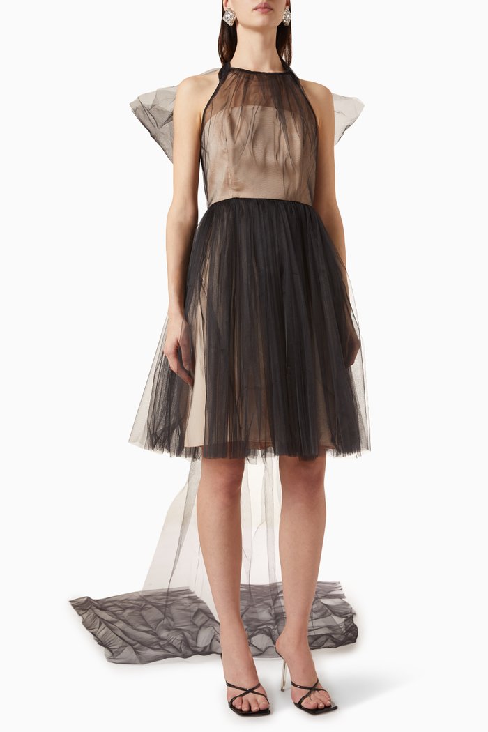 Bow-detail Mini Dress in Tulle, Black