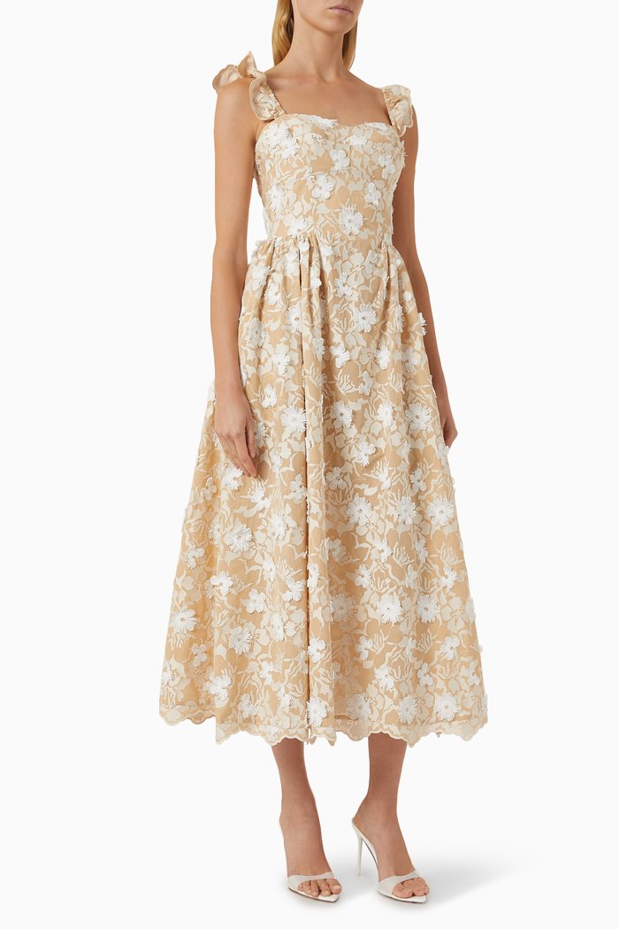 Floral Bustier Ruffle Dress in Cotton, Neutral