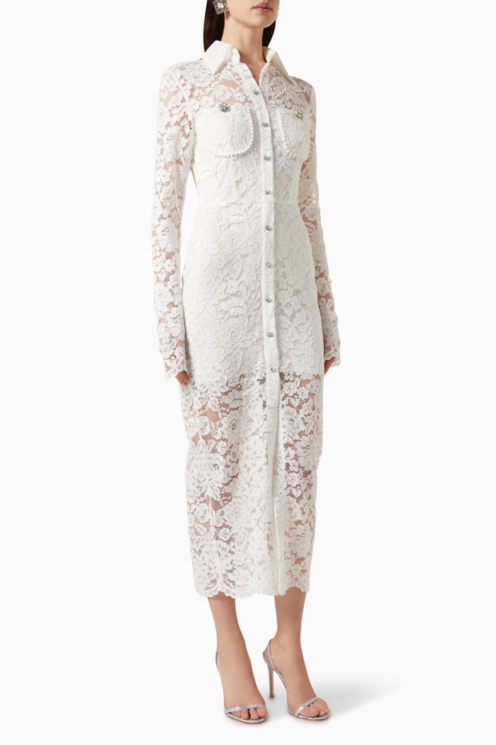 

Crystal-embellished Shirt Dress in Lace, White
