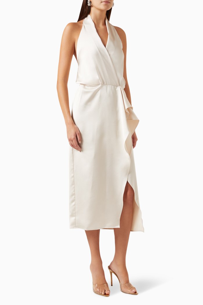 

Protone Ruffled Midi Dress in Satin, Neutral