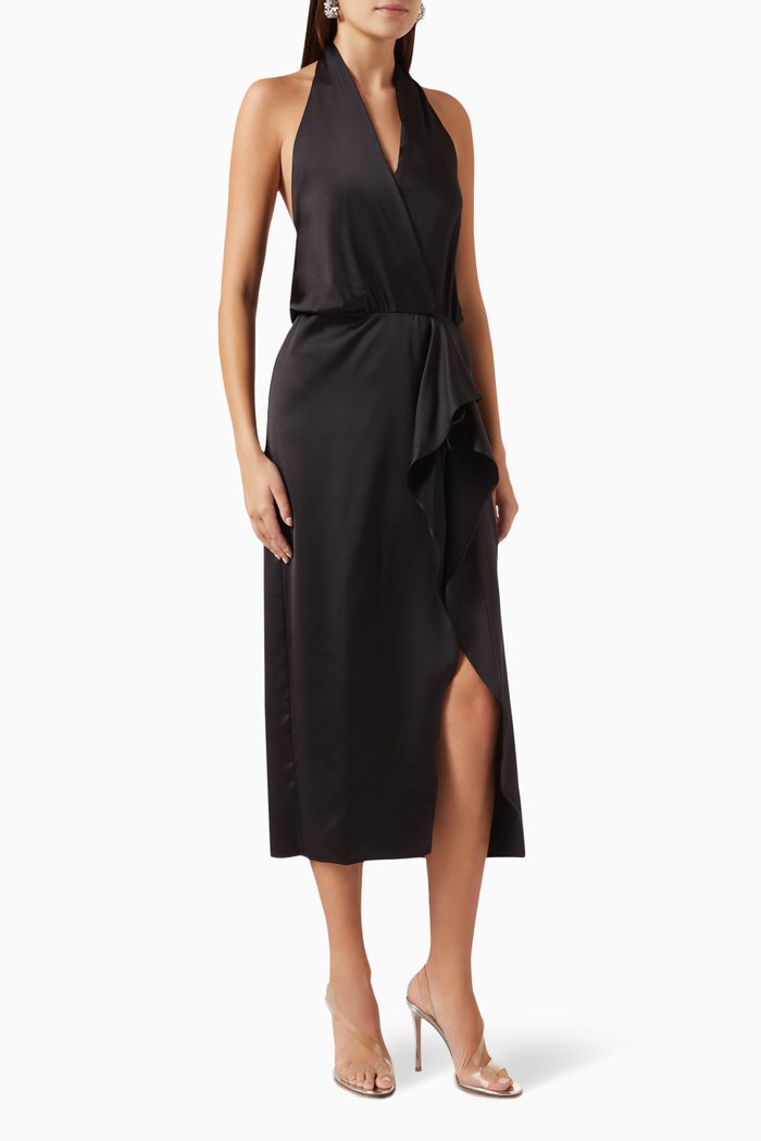 

Protone Ruffled Midi Dress in Satin, Black