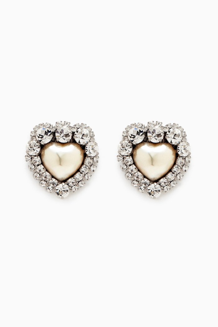 

Crystal & Pearl Heart Stud Clip-on Earrings, Silver