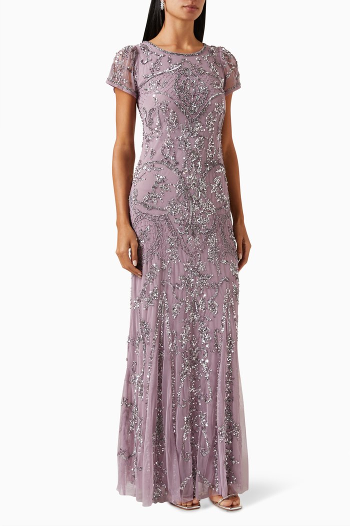 

Embellished Maxi Dress in Tulle, Purple