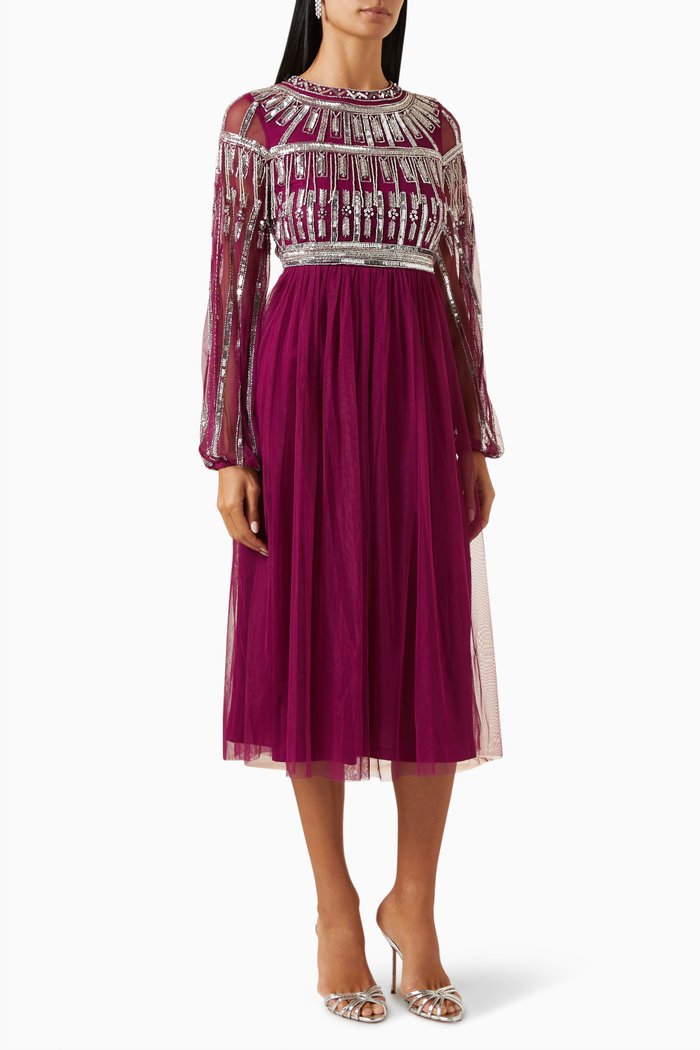 Embellished Midi Dress in Tulle, Purple