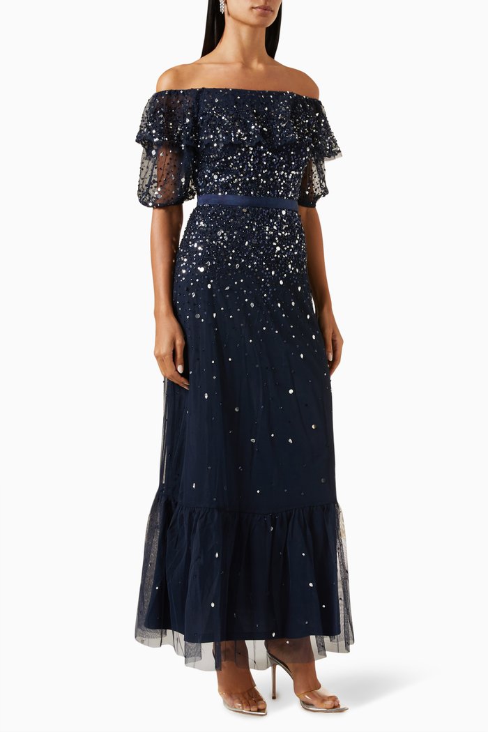 

Embellished Off-shoulder Maxi Dress in Tulle, Blue