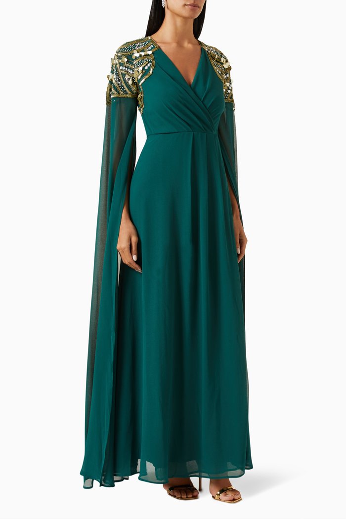 

Cape-sleeve Maxi Dress in Crepe, Green