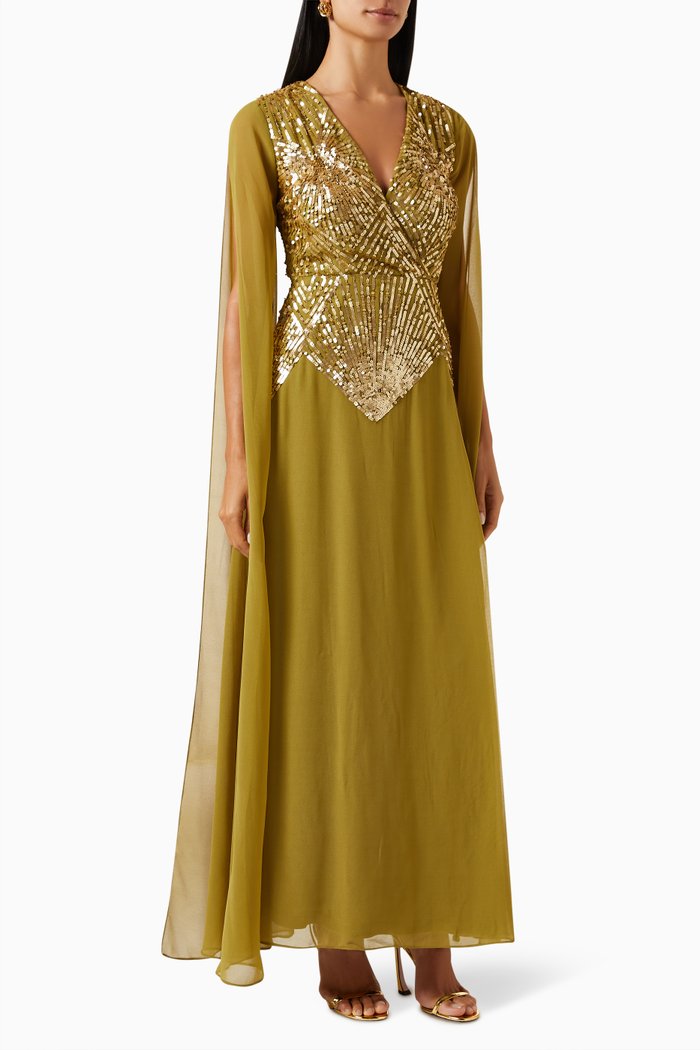 

Embellished Maxi Dress in Crepe, Green