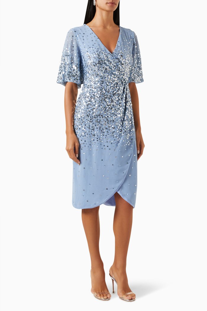 

Embellished Wrap Midi Dress in Crepe, Blue