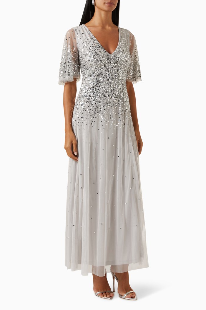 

Embellished Maxi Dress in Tulle, Grey