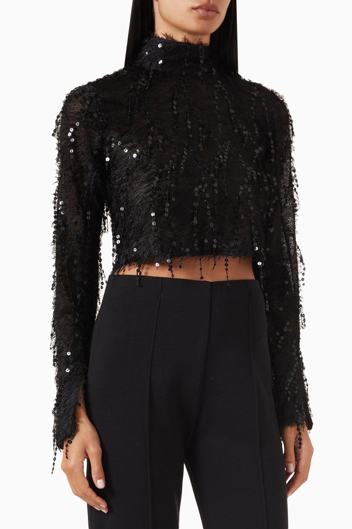 Mica Top in Sequined Sheer Fabric, Black