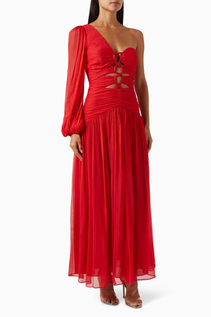 

Margot Long Sleeve One Shoulder Lace Up Maxi Dress, Red