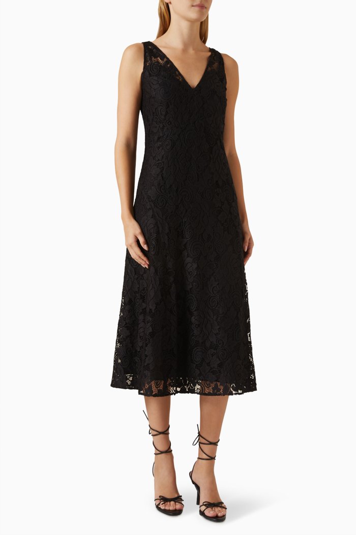 

Tracy Flared Midi Dress in Lace, Black