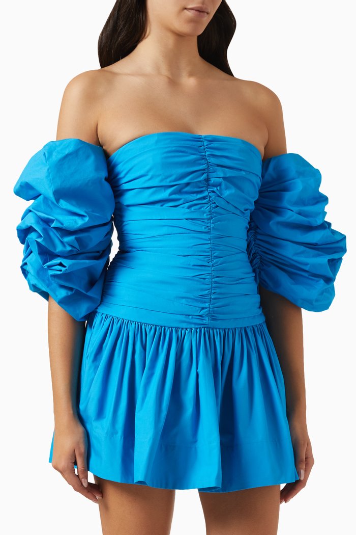 

Josephine Ruched Frill Mini Dress in Cotton Poplin, Blue