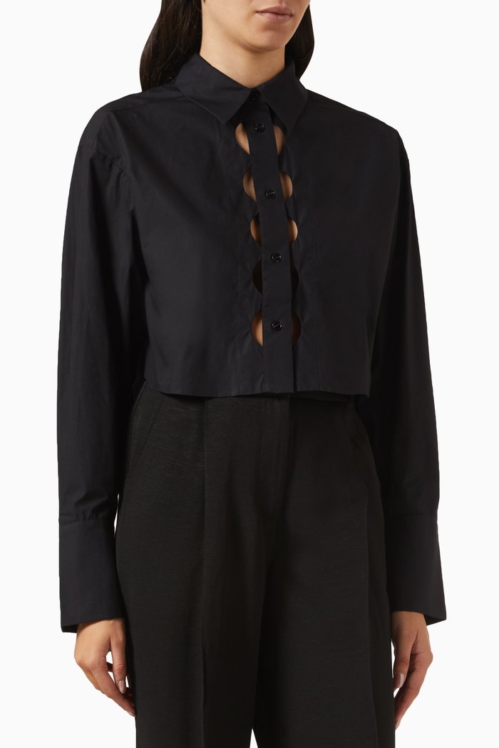 

Josephine Scallop Cut-out Crop Shirt in Cotton Poplin, Black