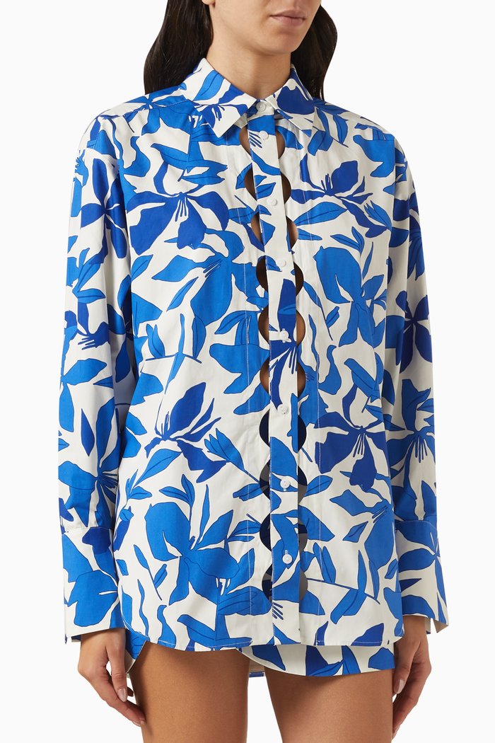 

Bleue Scallop Cut-out Oversized Shirt in Cotton Poplin, Blue