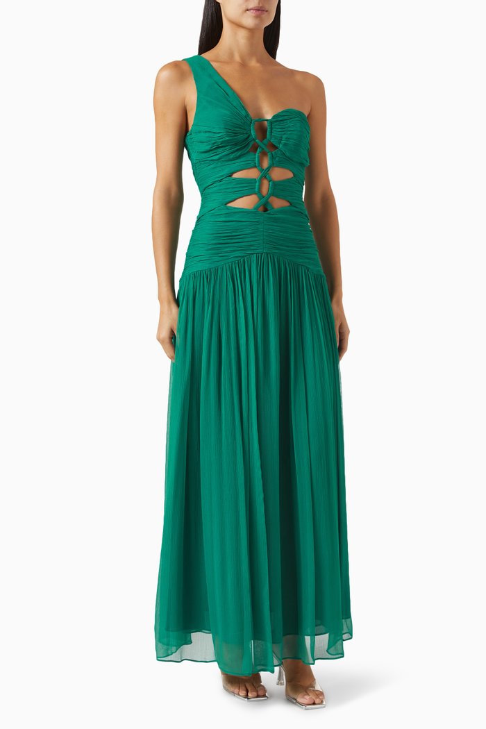 Margot One-shoulder Lace-up Maxi Dress in Chiffon, Green