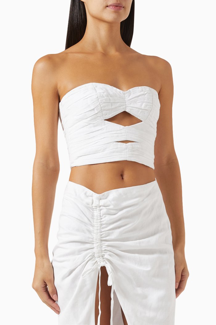 

Strapless Cut-out Ruched Top in Linen-blend, Neutral