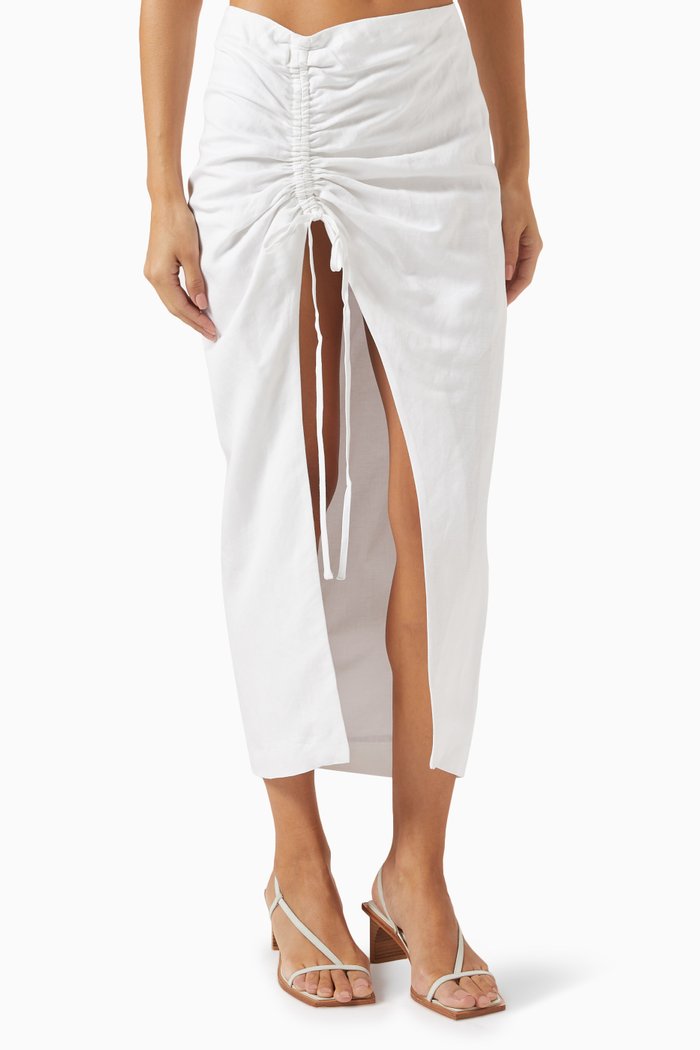 

Ruched Drawstring Midi Skirt in Linen-blend, Neutral