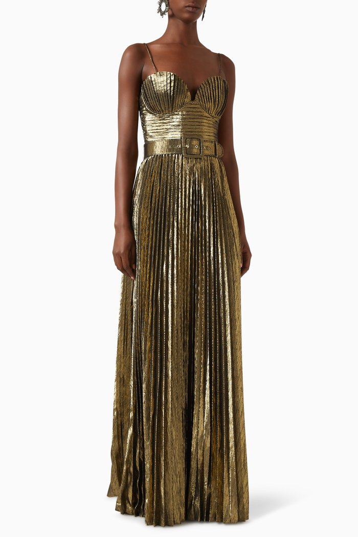 

Josie Pleated Gown in Metallic Sunray, Gold