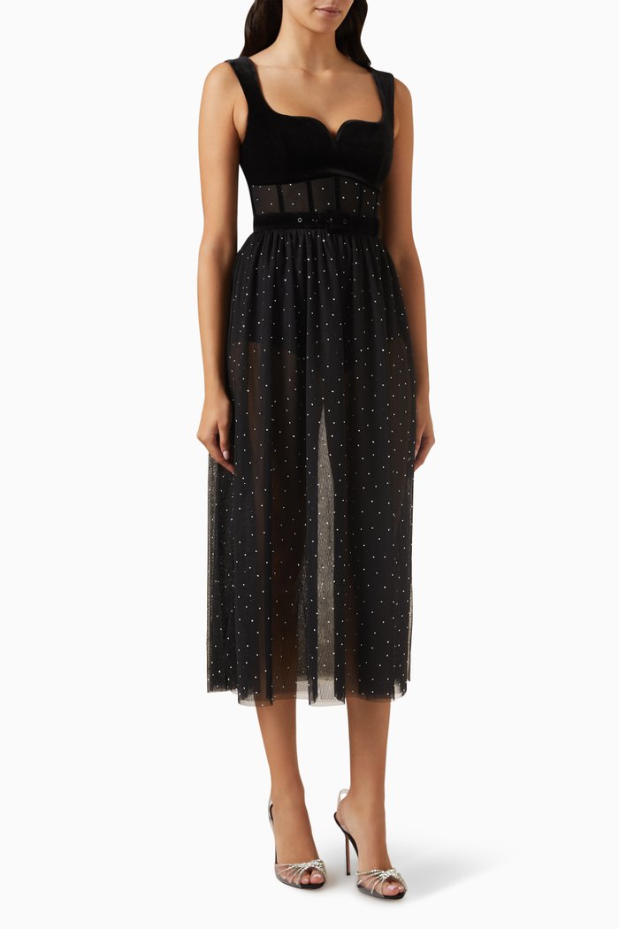 

Lilah Diamante Midi Dress in Velvet, Black