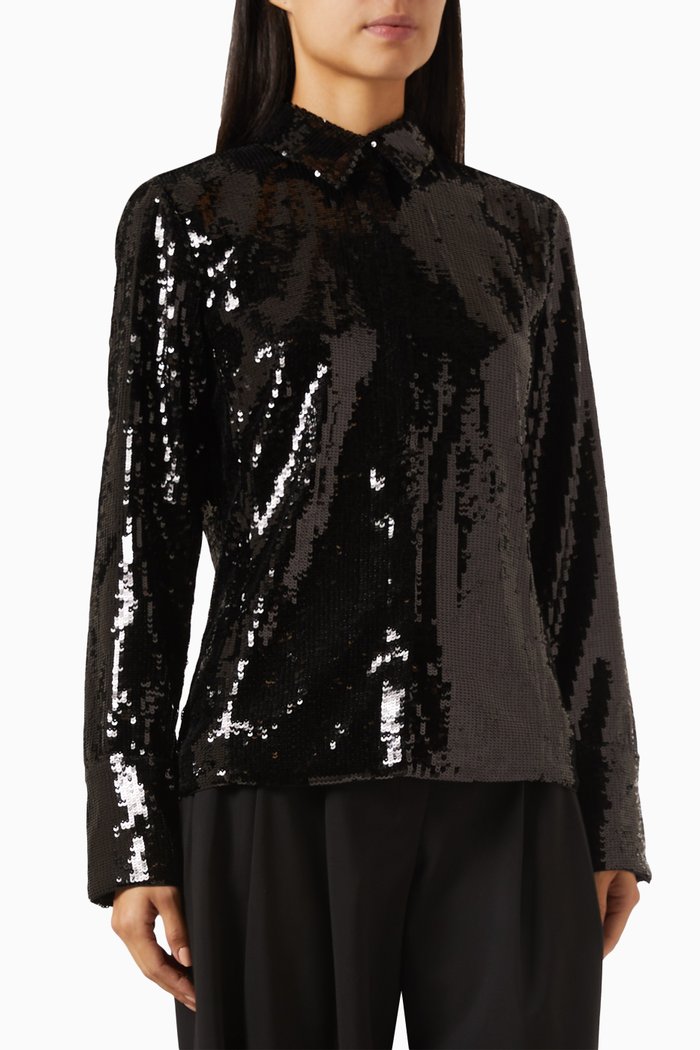 

Sequinned Slim-fit Shirt in Recycled Crepe, Black