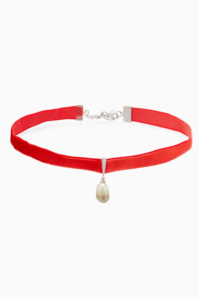 

Wan Design Pearl Pendant Velvet Choker in 18kt White Gold, Red