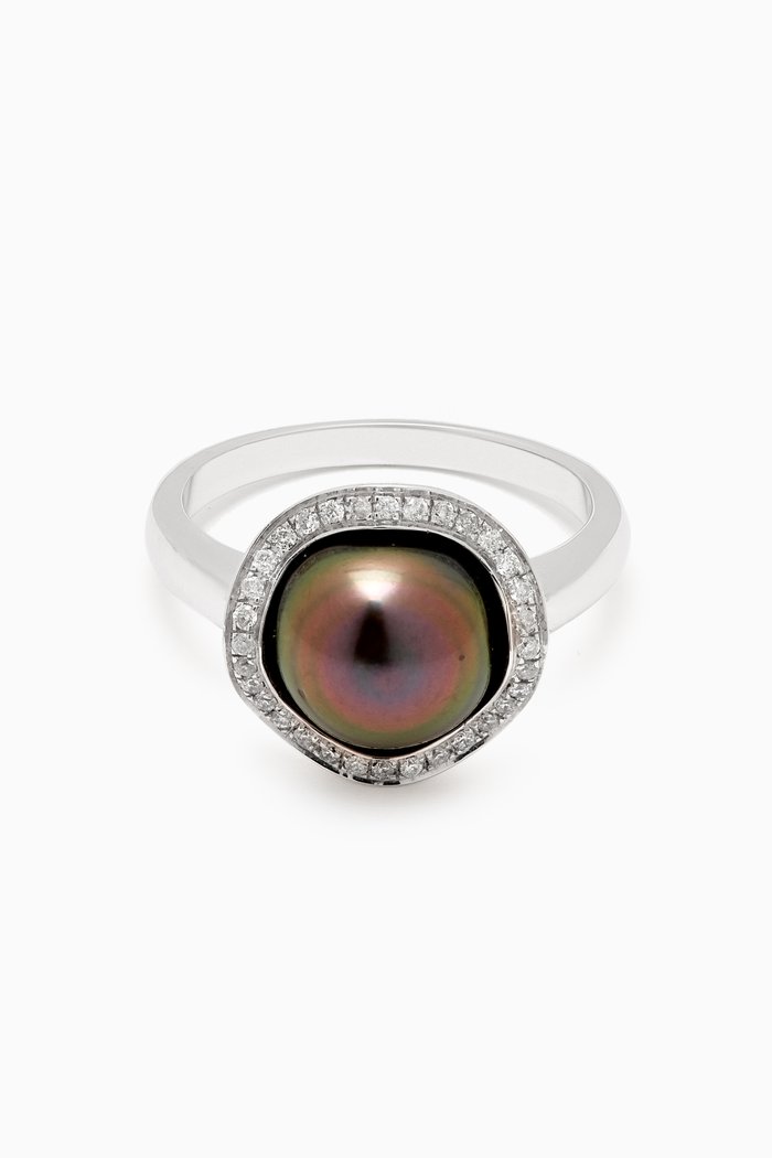 Amulette Pearl & Diamond Ring in 18kt White Gold, Silver