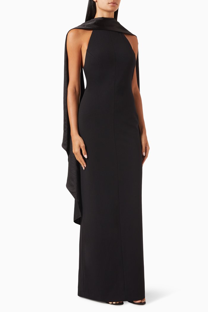 

Dahlia Halterneck Maxi Dress in Satin & Crepe-knit, Black