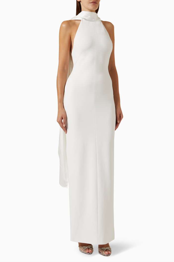 

Dahlia Halterneck Maxi Dress in Satin & Crepe-knit, White