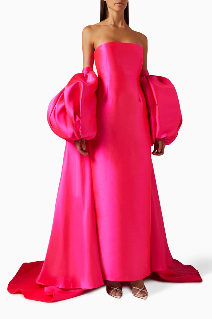 

Lea Puff-sleeved Maxi Dress in Twill, Pink